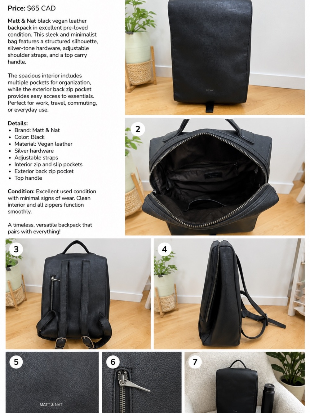 Matt & Nat Black Vegan Leather Slim Backpack